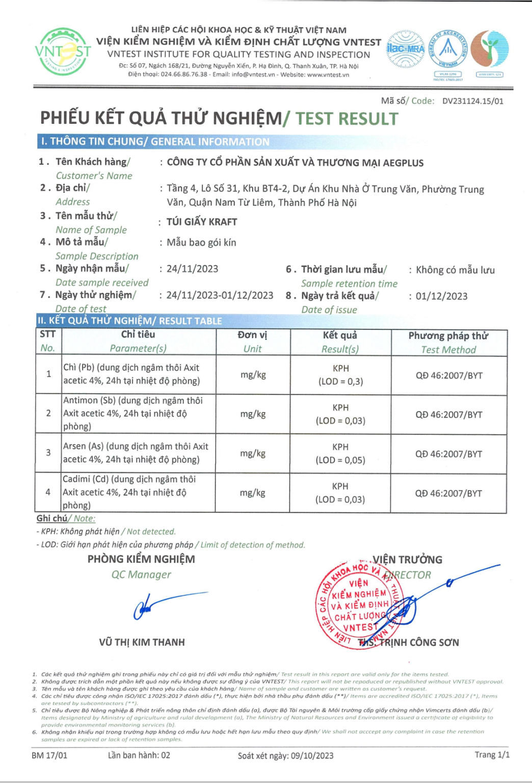 Phiếu kiểm nghiệm kim loại nặng trên giấy - Túi giấy kraft, bao bì tiếp ...